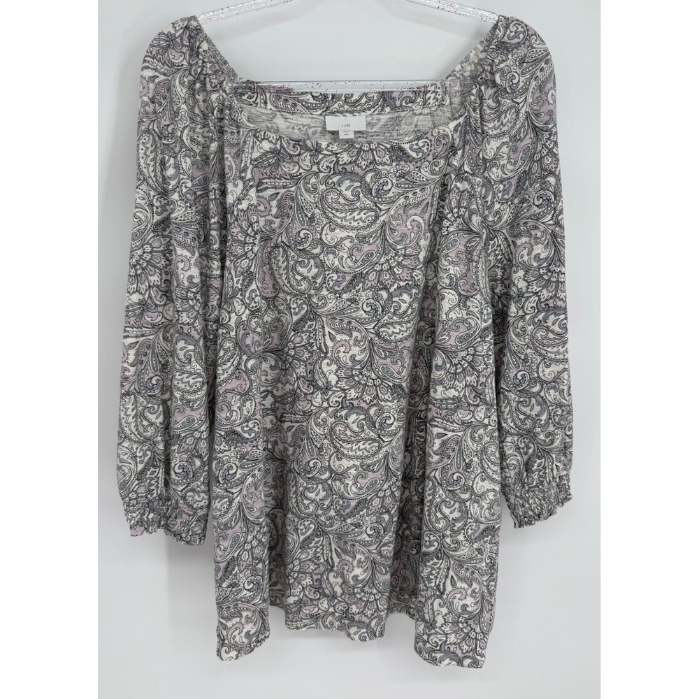 J. Jill Paisley Square Neck Blouse Grey Lavender Cotton Modal Tall Sz L